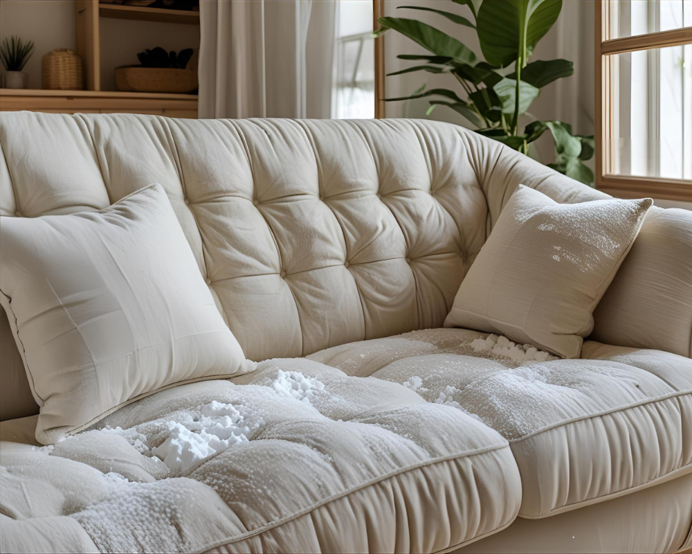 Résultat d’un nettoyage textile professionnel naturel et écologique avec du bicarbonate de soude sur un canapé en tissu clair