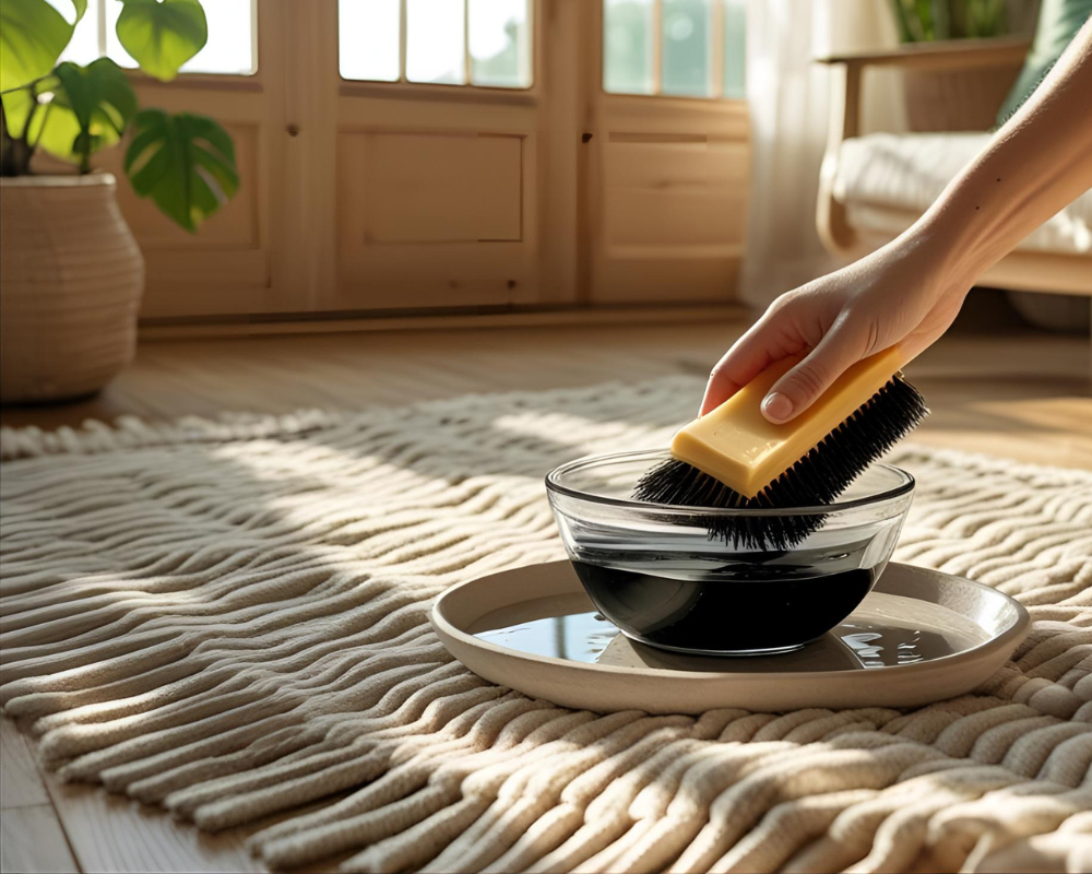 Une main applique du savon noir liquide dans un bol avec une éponge sur un tapis beige à Marseille ou Aix-en-Provence