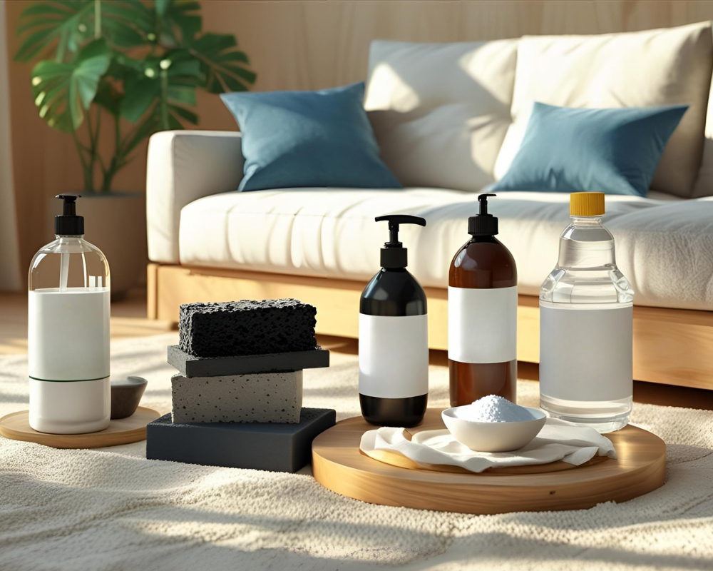 Produits d’entretien naturels éco responsables : vinaigre blanc ménager, savon noir liquide, bicarbonate de soude, terre de Sommières et percarbonate de soude posés sur un plateau en bois, devant un canapé blanc.