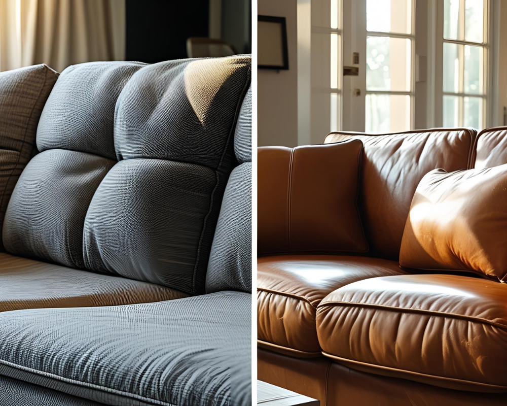Canapés en tissu et en cuir côte à côte dans un intérieur lumineux - Comparatif entretien revêtements Maison Max Clean