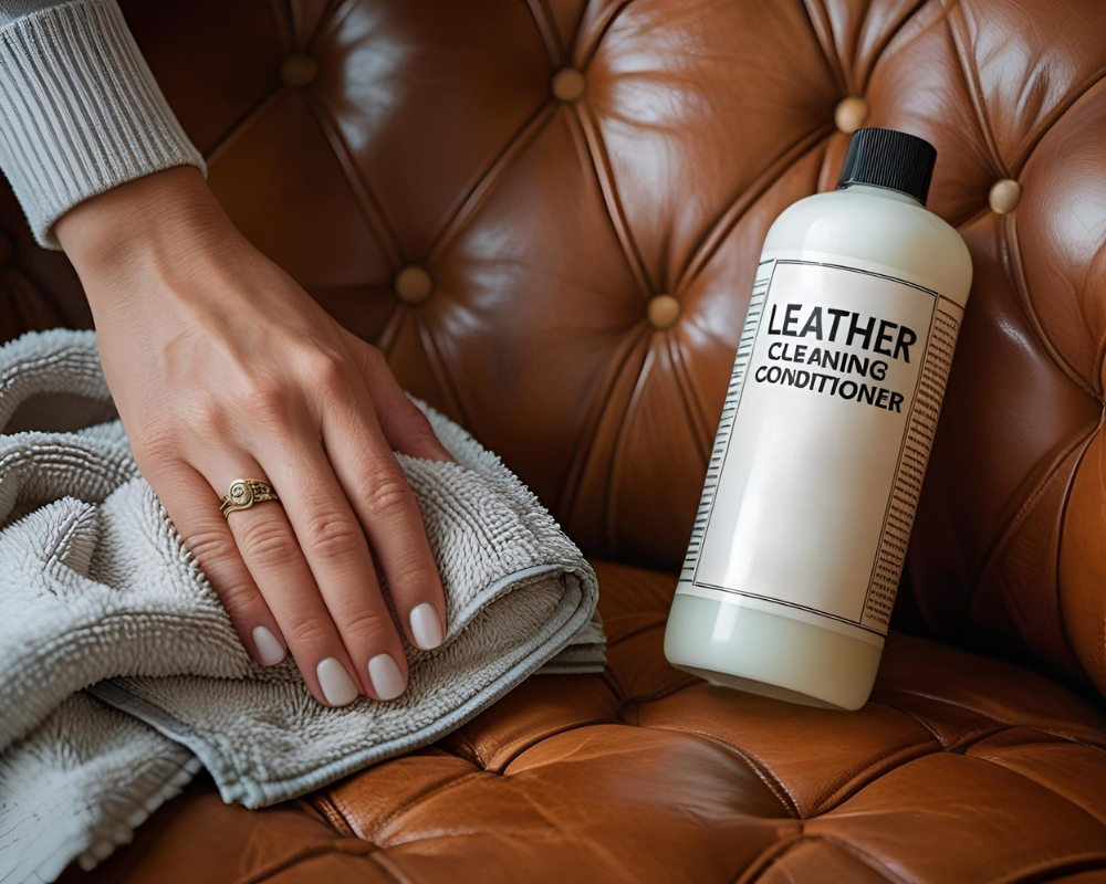 Entretien d’un fauteuil en cuir avec un conditionneur spécifique appliqué à la main - Maison Max Clean Provence