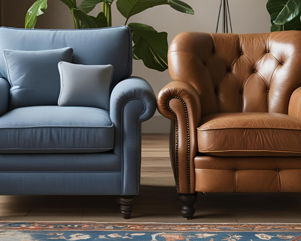 Comparatif canapé en tissu bleu et fauteuil en cuir marron dans un salon élégant - Maison Max Clean