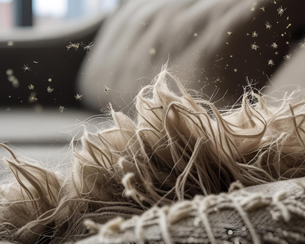 Zoom sur tissu d’ameublement avec accumulation de poussière et fibres visibles, problème fréquent dans les logements aixois - Les Astuces de Max - Maison Max Clean