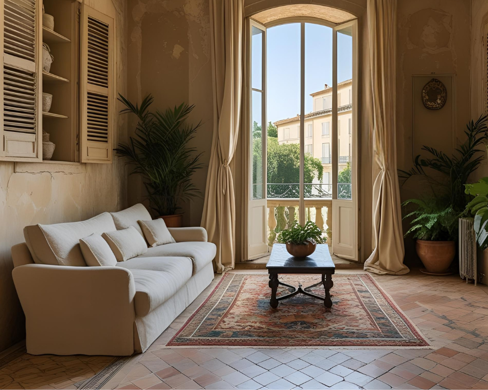 Intérieur d’une habitation ancienne à Aix-en-Provence avec canapé en tissu clair et tapis élégant, typique des logements du centre-ville - Les Astuces de Max - Maison Max Clean
