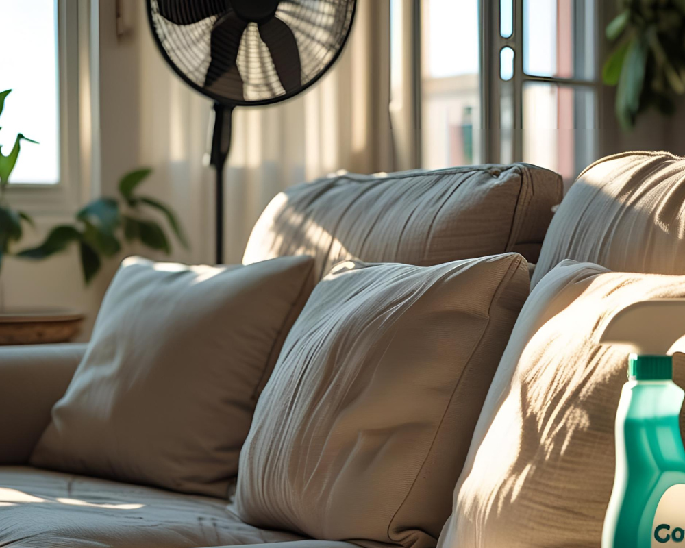 Canapé beige en tissu avec ventilateur tournant – astuce contre la transpiration et la chaleur estivale dans les intérieurs marseillais et aixois - Maison Max Clean, les astuces pro de Max