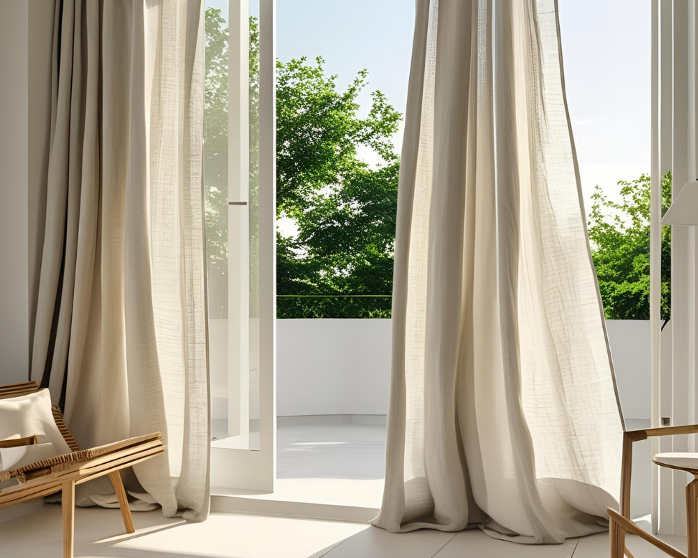 Rideaux en tissu léger flottant près d’une fenêtre ouverte – aération naturelle recommandée pour limiter l’humidité dans les canapés et tissus dans le sud Aix-Marseille - Maison Max Clean, les astuces pro de Max