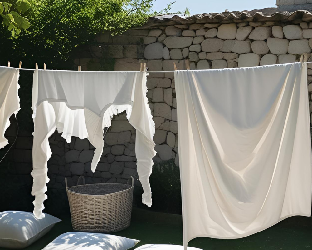 Textiles d’ameublement blancs séchant au soleil dans un jardin provençal – précautions à prendre pour éviter les traces et l’usure en été - Maison Max Clean, les astuces pro de Max