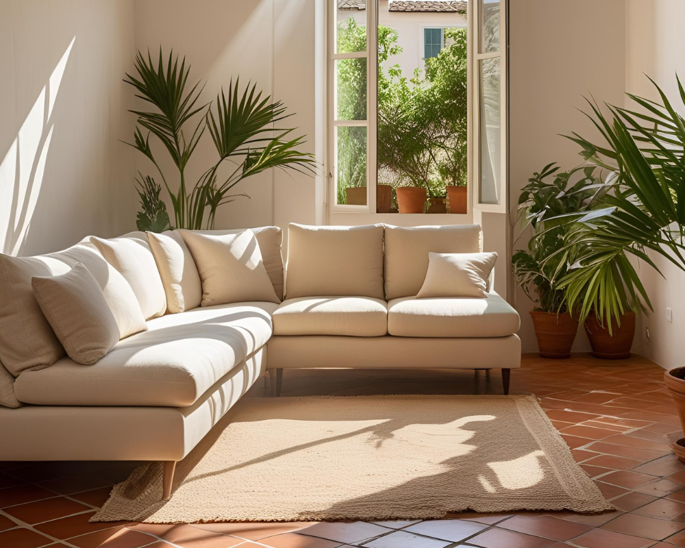 Canapé en tissu clair exposé à la lumière estivale à Marseille et Aix-en-Provence – risques de transpiration et d’humidité sur les tissus en été - Maison Max Clean, les astuces pro de Max