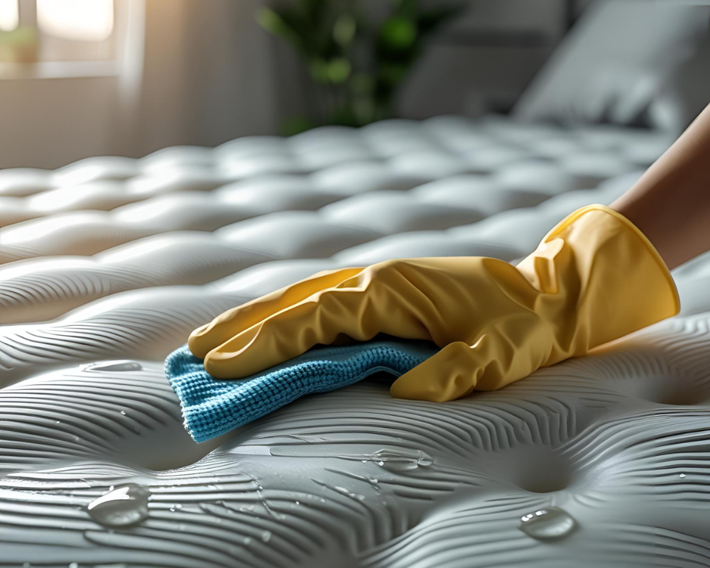 Gants de ménage et chiffon microfibre pour nettoyer un matelas humide – Maison Max Clean vous guide pas à pas avec les astuces de Max pour limiter les odeurs et préserver vos tissus.