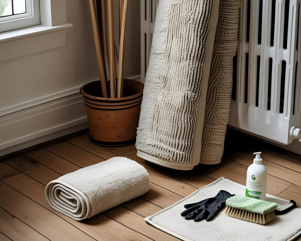 Kit de nettoyage posé à côté d’un tapis roulé et d’un rideau humide – astuces de Max pour réagir rapidement après un dégât des eaux sur les textiles d’intérieur.