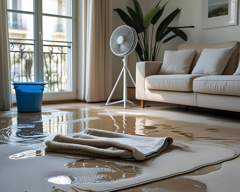 Tapis détrempé et flaque d’eau dans un salon après un dégât des eaux – astuces de Max par Maison Max Clean pour sauver vos textiles d’ameublement à Marseille.