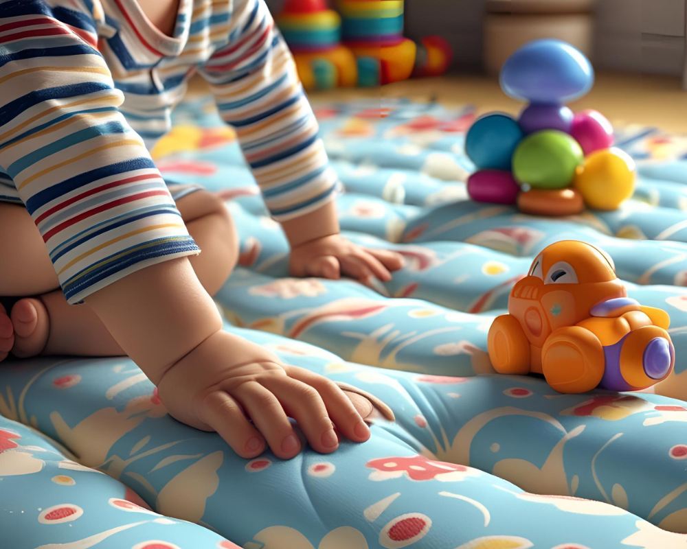 Bébé jouant sur matelas sain dans une chambre naturelle avec jouets, entretien sans produits toxiques à Marseille – Maison Max Clean