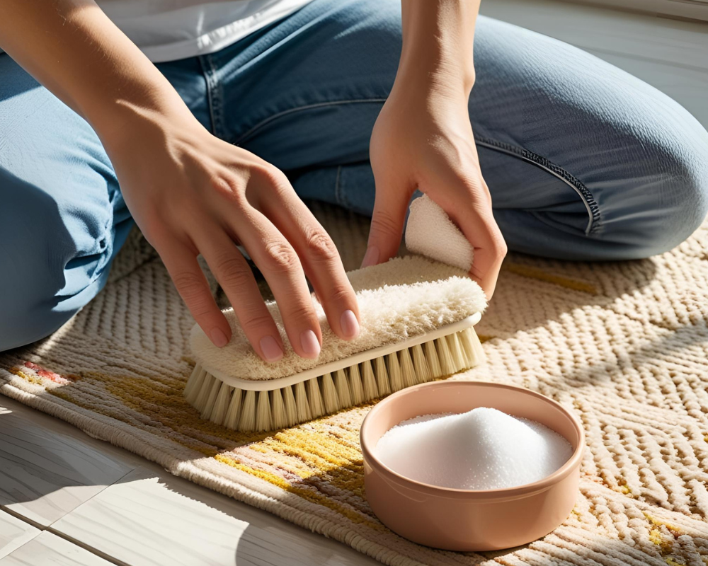 Nettoyage d’un tapis en fibre naturelle avec brosse et savon écologique, méthode douce recommandée pour chambre d’enfant – Maison Max Clean