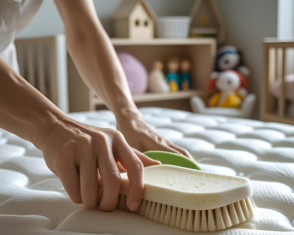 Nettoyage écologique d’un matelas bébé dans une chambre enfantine à Aix, sans détergents agressifs – conseils hygiène Maison Max Clean