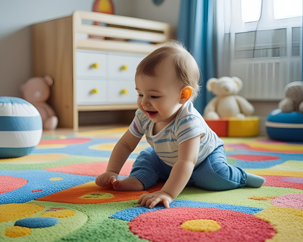 Enfant jouant sur un tapis hypoallergénique bien entretenu, chambre saine à Marseille sans polluants domestiques – Maison Max Clean