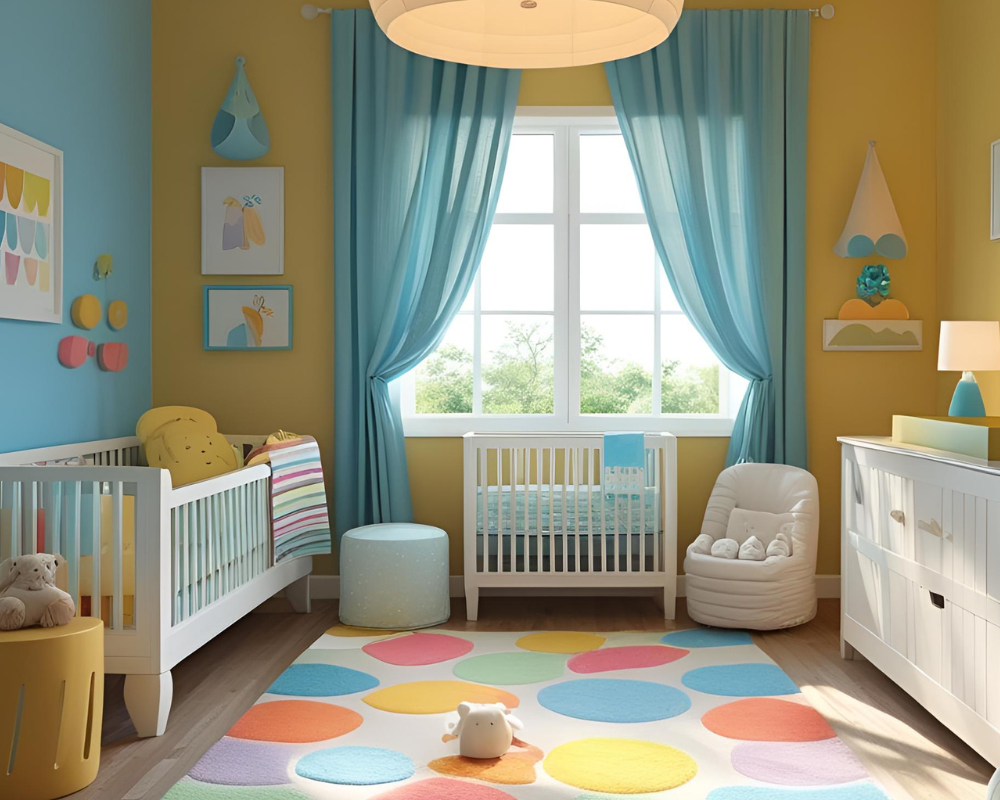 Chambre de bébé saine avec tapis coloré et lumière naturelle, ambiance douce et aérée à Aix-en-Provence – entretien écologique Maison Max Clean
