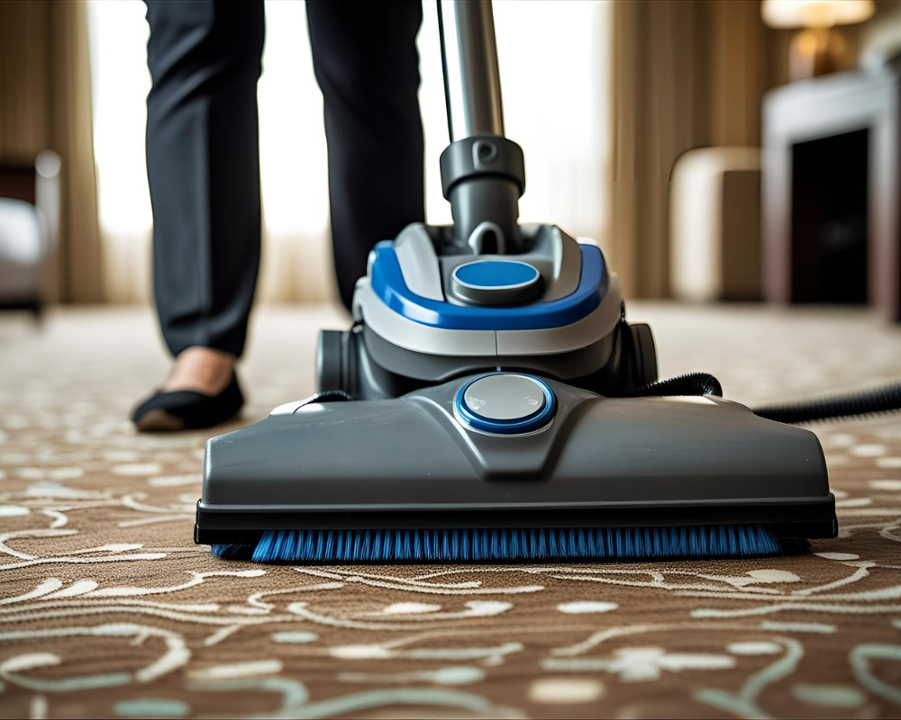 Moquette d’hôtel nettoyée avec un aspirateur classique non adapté, exemple d’une erreur fréquente d’entretien des sols textiles professionnels à Marseille - Les astuces de Max - Maison Max Clean