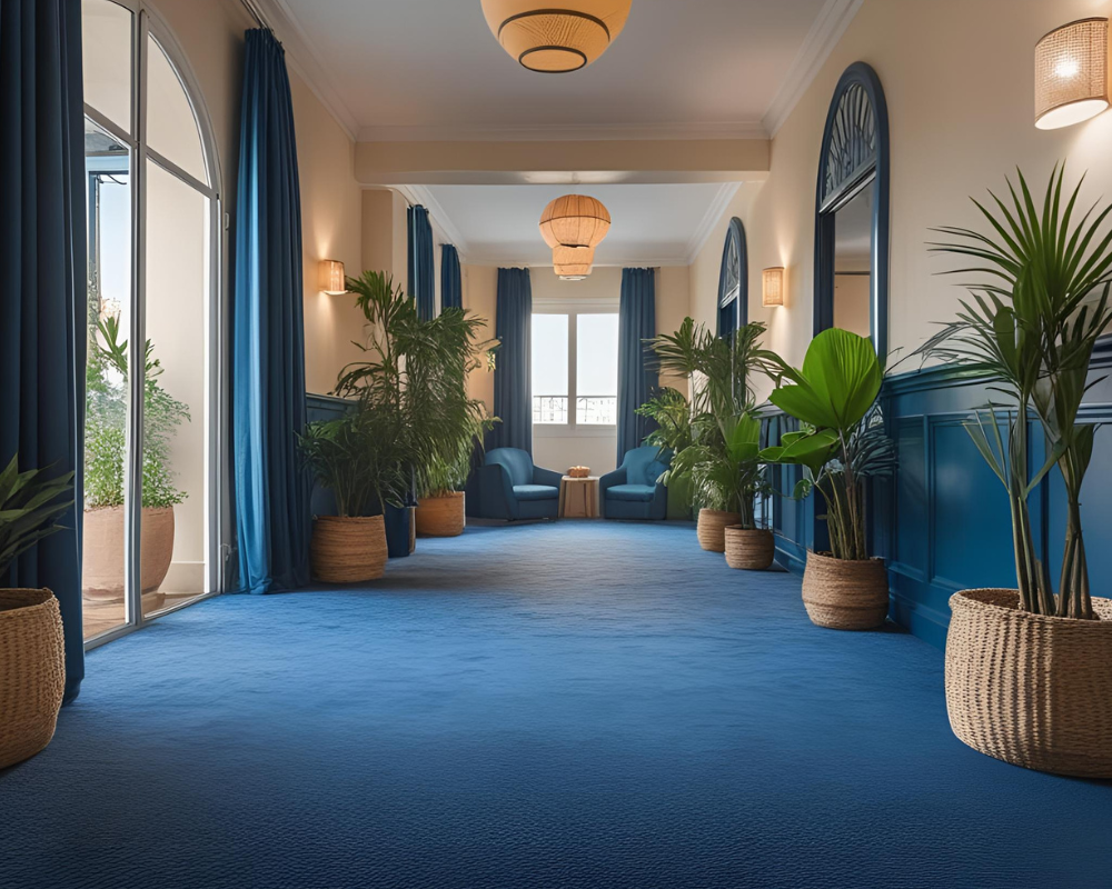 Moquette bleue dans un couloir d’hôtel à Aix-en-Provence, visiblement sale et négligée, illustrant la nécessité d’un nettoyage professionnel - Les astuces de Max - Maison Max Clean