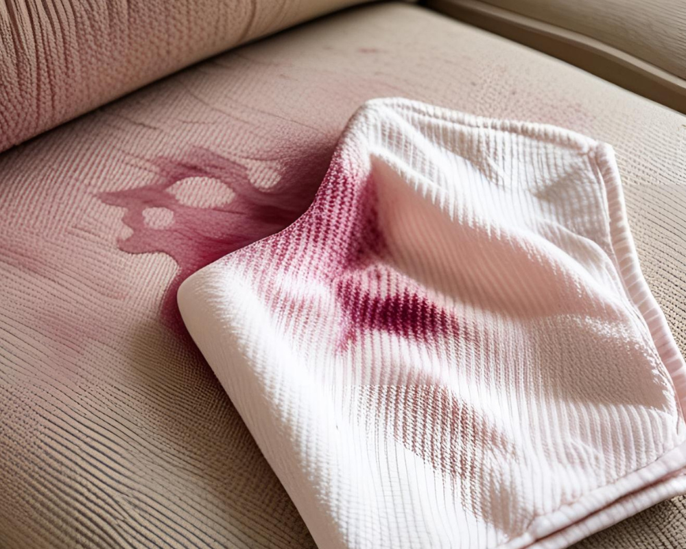 Tache de vin rouge incrustée sur canapé en tissu beige, méthode écologique au savon de Marseille et bicarbonate – Maison Max Clean Aix-Marseille