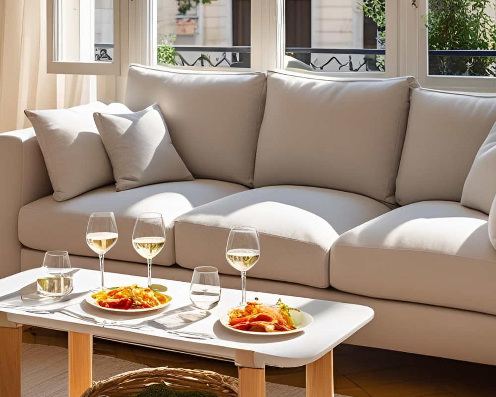 Canapé clair taché après un apéritif d’été à Marseille avec verres de vin et snacks – conseils de nettoyage Maison Max Clean, blog Les Astuces de Max