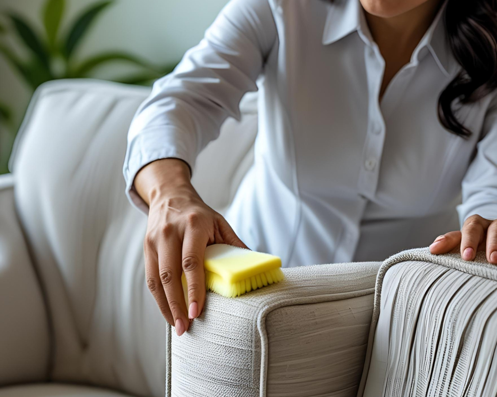 Entretien en profondeur d’un canapé avec brosse douce et produits naturels, Maison Max Clean Aix-Marseille – Les Astuces de Max
