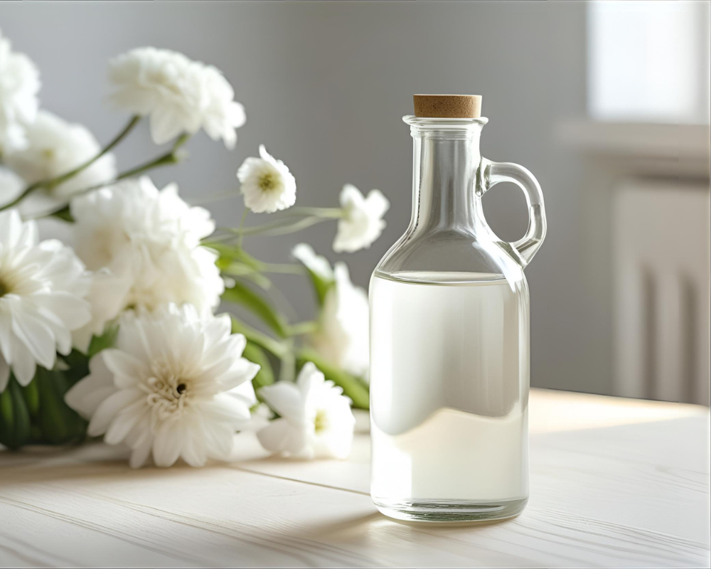 Bouteille de vinaigre blanc avec fleurs blanches, image de couverture article entretien textile naturel