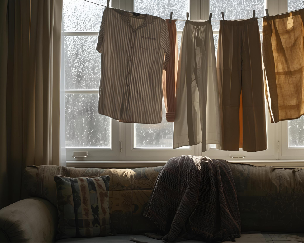 Linge qui sèche à l’intérieur augmentant l’humidité dans la maison, conseils pratiques Maison Max Clean et Les Astuces de Max