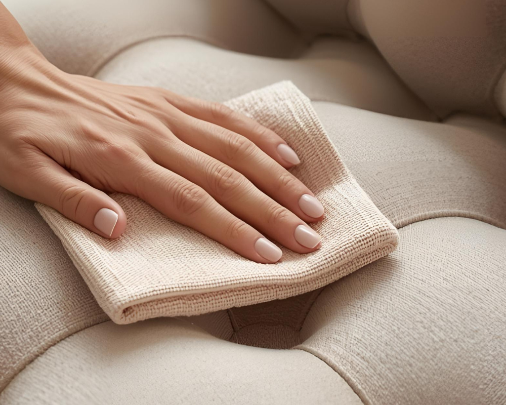 Main passant un chiffon microfibre sur le tissu du canapé Bubble La Roche Bobois – Guide d'entretien et nettoyage doux et éco-responsable par Maison Max Clean à Aix-Marseille – Les Astuces de Max