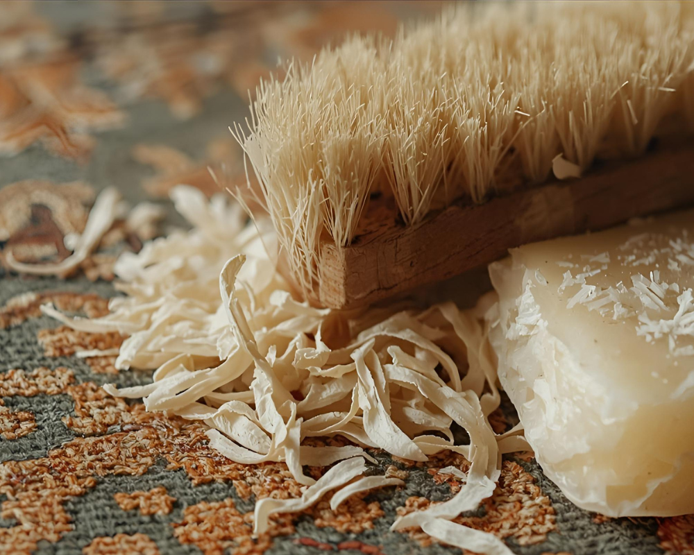 Brosse douce et savon de Marseille utilisés pour le nettoyage écologique d’un tapis design, méthode naturelle signée Maison Max Clean – Les Astuces de Max à Aix-Marseille.