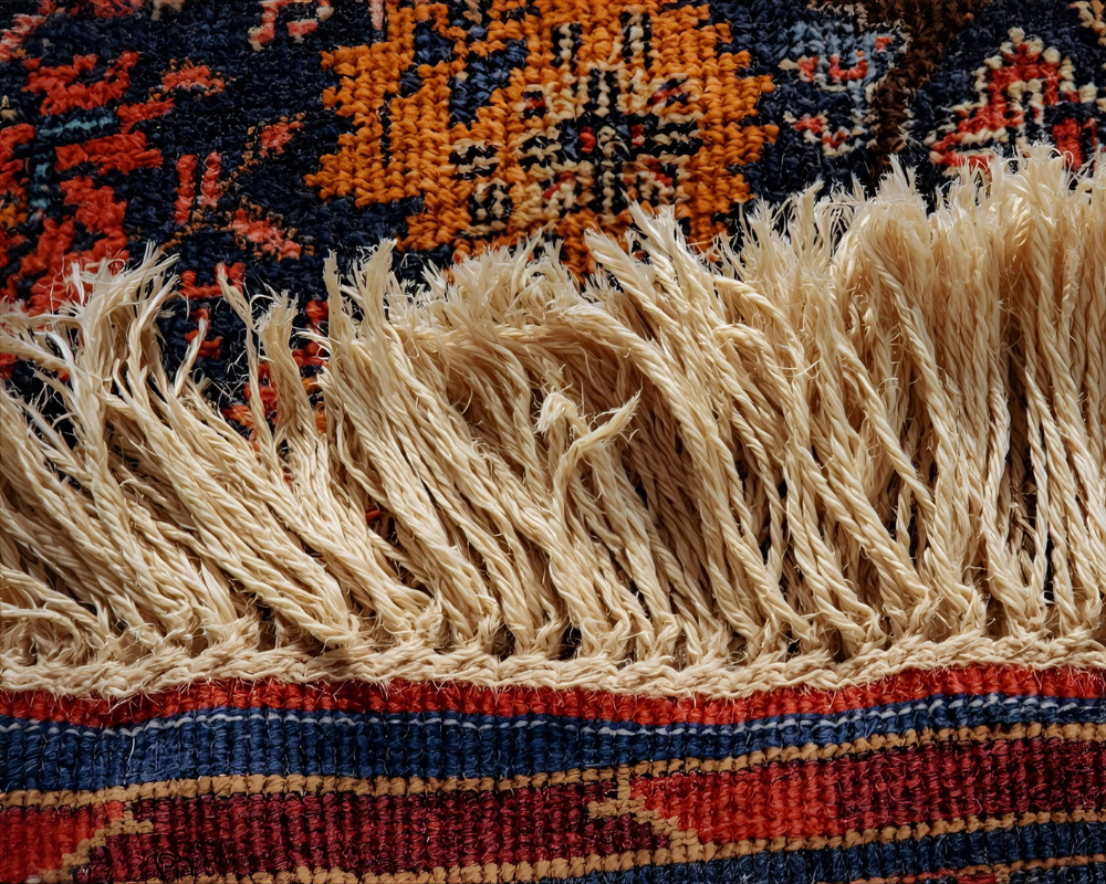 Détail de franges d’un tapis vintage restauré à la main, entretien délicat et naturel des textiles anciens à Aix-Marseille – Maison Max Clean – Les Astuces de Max.