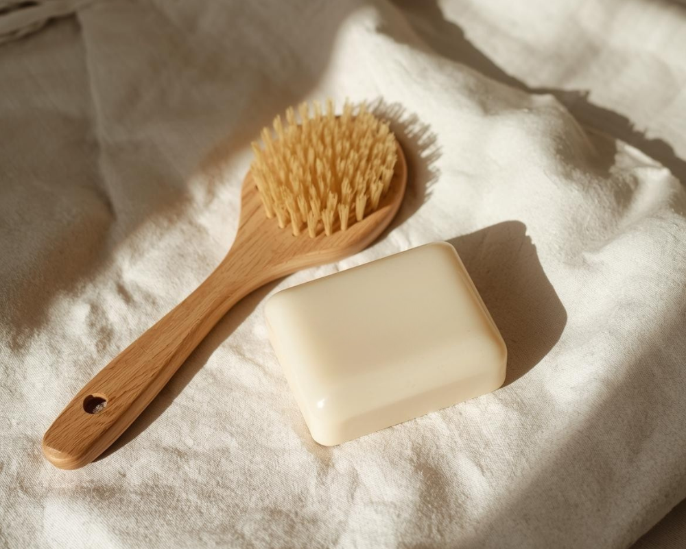 Brosse naturelle et savon de Marseille utilisés pour le nettoyage écologique des canapés et textiles à Marseille – Maison Max Clean