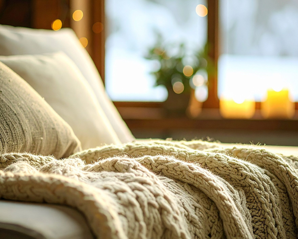 Canapé cocooning avec plaid en laine et lumière d’hiver à Marseille, symbole de confort et d’air intérieur sain – Maison Max Clean
