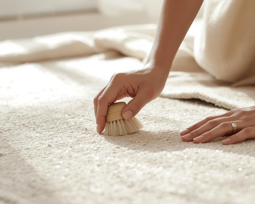 Nettoyage manuel d’un tapis pour éliminer microbes et taches en maison d’hiver, méthode naturelle recommandée par Maison Max Clean et Les Astuces de Max dans le Sud Aix–Marseille