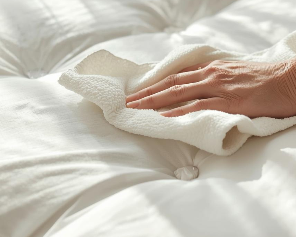Nettoyage délicat d’un matelas avec un chiffon doux et produits naturels – méthode respectueuse Maison Max Clean Aix-Marseille – Les Astuces de Max