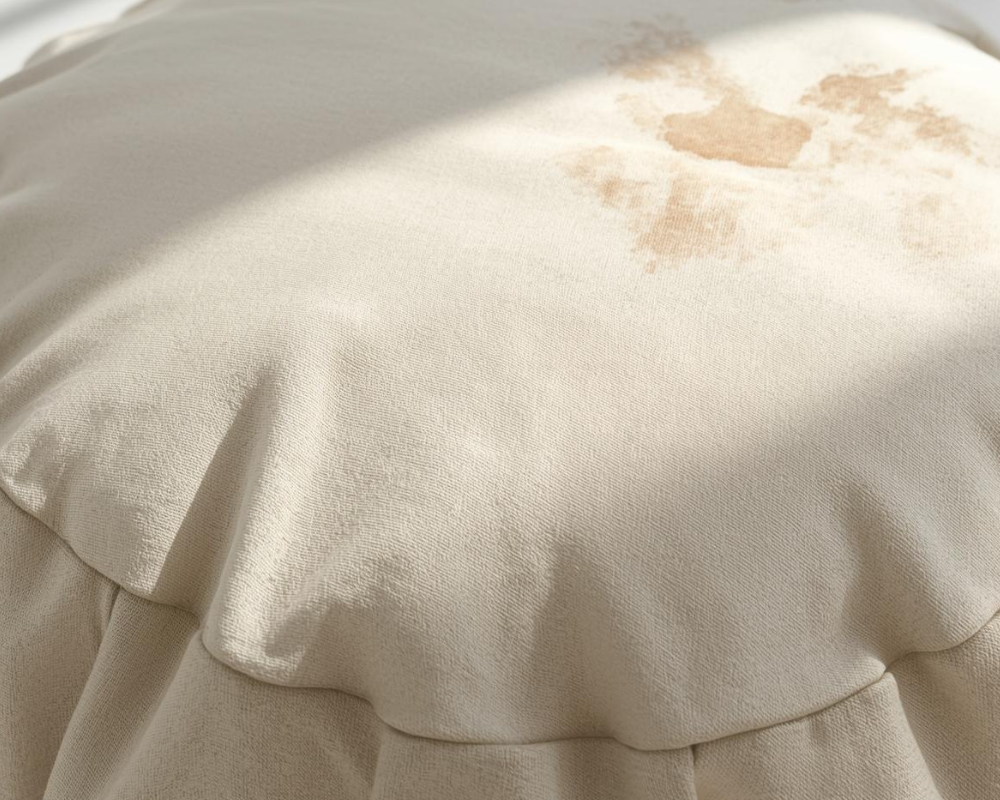 Tache visible sur un coussin en tissu clair avant nettoyage, exemple de situation traitée dans Les astuces de Max par Maison Max Clean