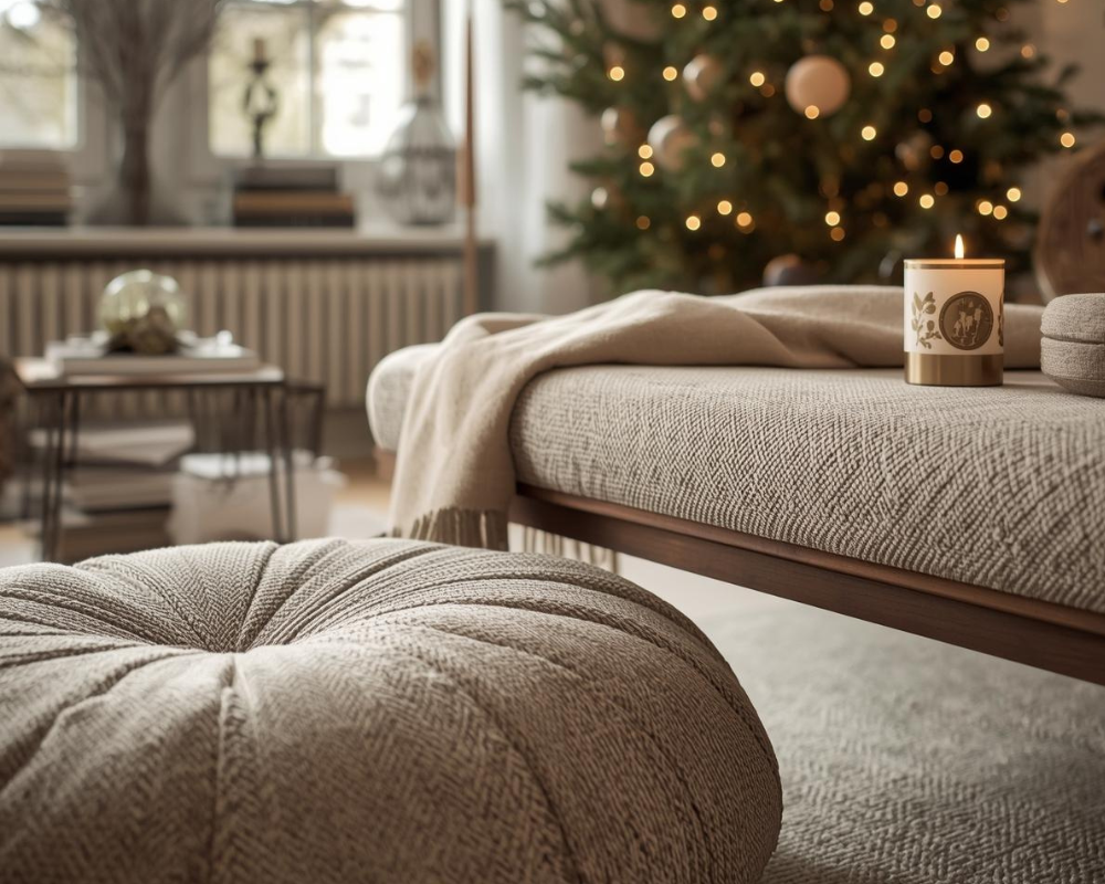 Canapé en tissu clair avec coussin décoratif dans un salon chaleureux, intérieur propre et soigné grâce aux conseils de Maison Max Clean – Les astuces de Max