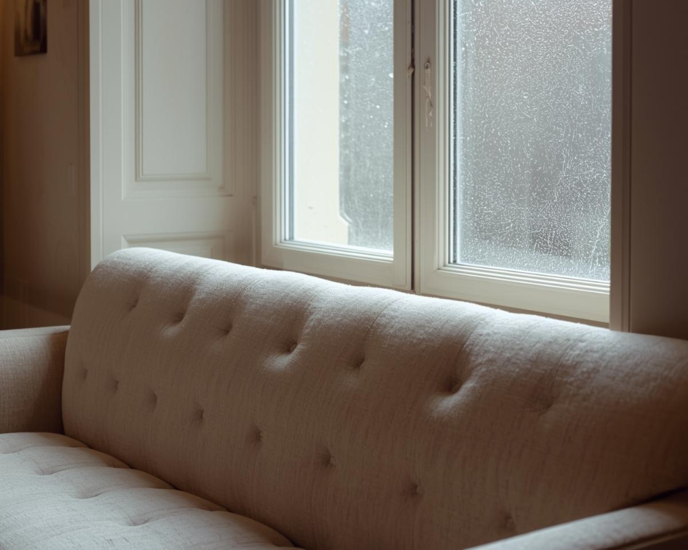 Canapé beige exposé à l’humidité hivernale près d’une fenêtre, illustration des salissures invisibles sur tissu clair en hiver à Marseille – expertise Maison Max Clean