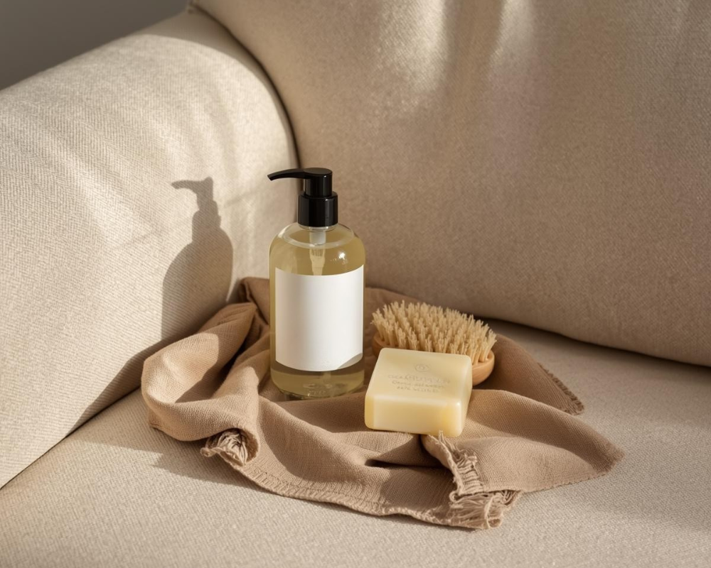 Savon de Marseille et brosse douce pour le nettoyage naturel d’un canapé clair en hiver, astuce Maison Max Clean pour l’entretien textile à Aix et Marseille – Les astuces de Max