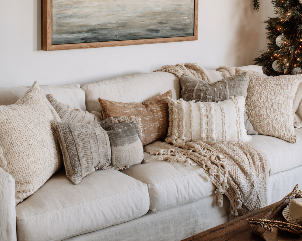 Canapé clair en tissu beige dans un salon lumineux d’hiver à Aix-en-Provence, entretien hivernal et prévention des salissures expliqué par Maison Max Clean – Les astuces de Max