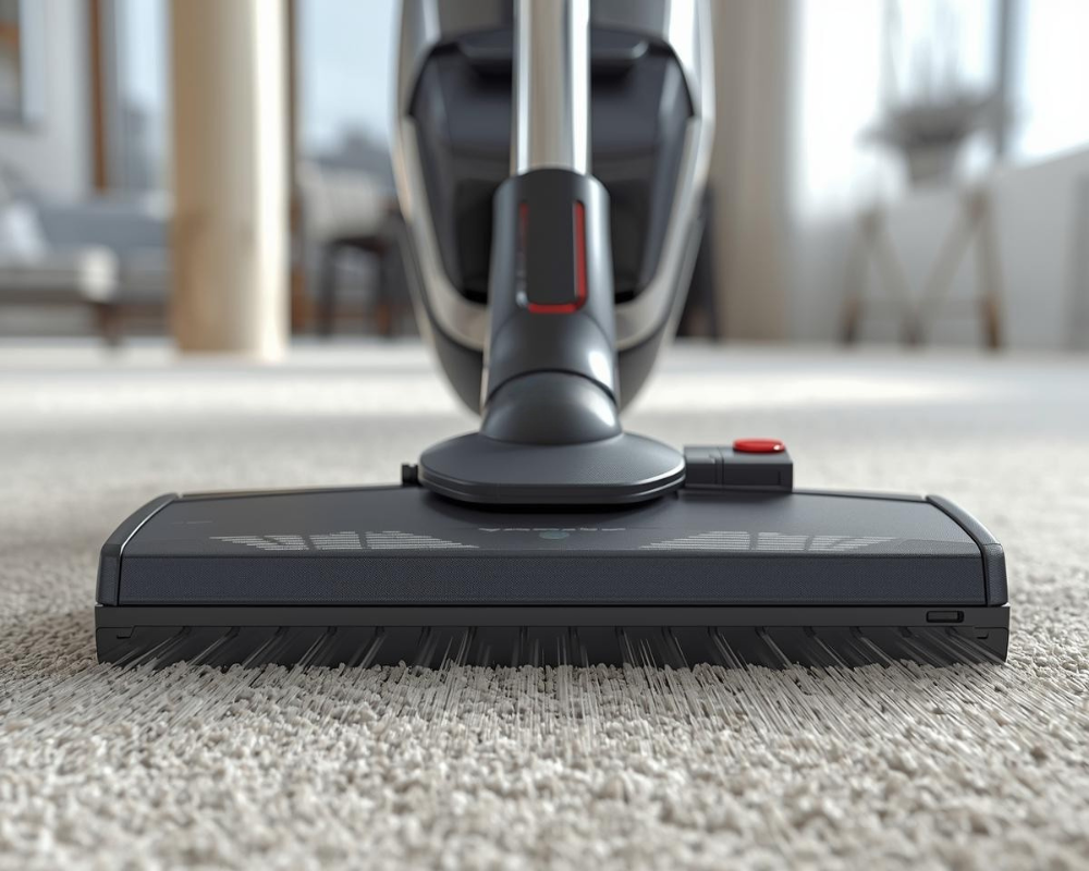 Balise ALT : Brosse rotative d’aspirateur sur tapis textile, exemple d’erreur d’entretien pouvant abîmer les fibres naturelles des tapis à Marseille et Aix - Les astuces de Max by Maison Max Clean Marseille - Aix en Provence