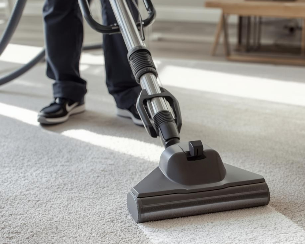 Aspirateur utilisé sur un tapis clair fragile, illustration des risques d’usure liés à une aspiration trop fréquente des tapis délicats - nettoyage professionnel de tapis par Maison Max Clean Marseille et Aix en Provence