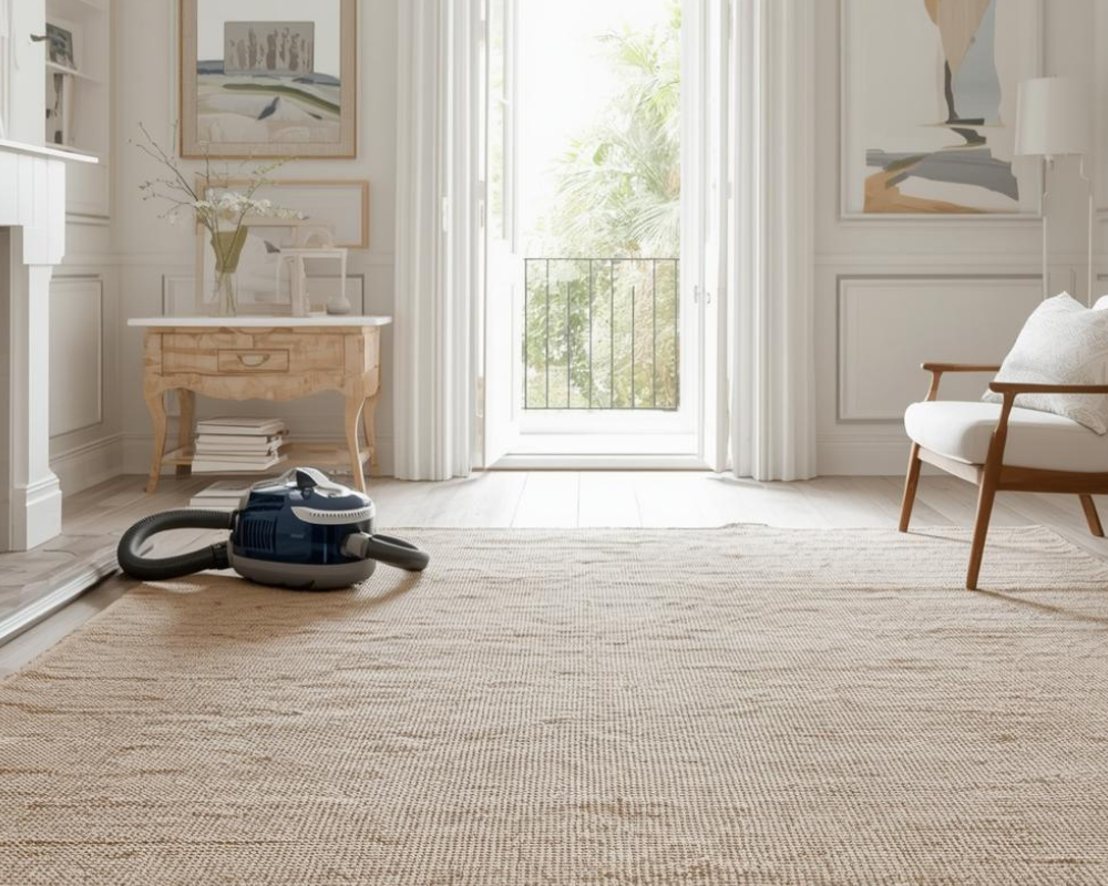 Salon lumineux à Aix-en-Provence avec tapis en fibres naturelles entretenu en douceur, intérieur sain et épuré conseillé par Maison Max Clean