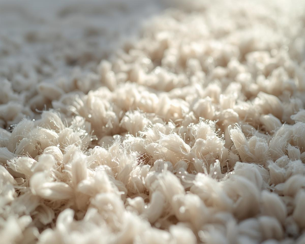 Gros plan sur fibres de tapis clair retenant l’humidité en hiver, explication des odeurs invisibles par Maison Max Clean – Les astuces de Max