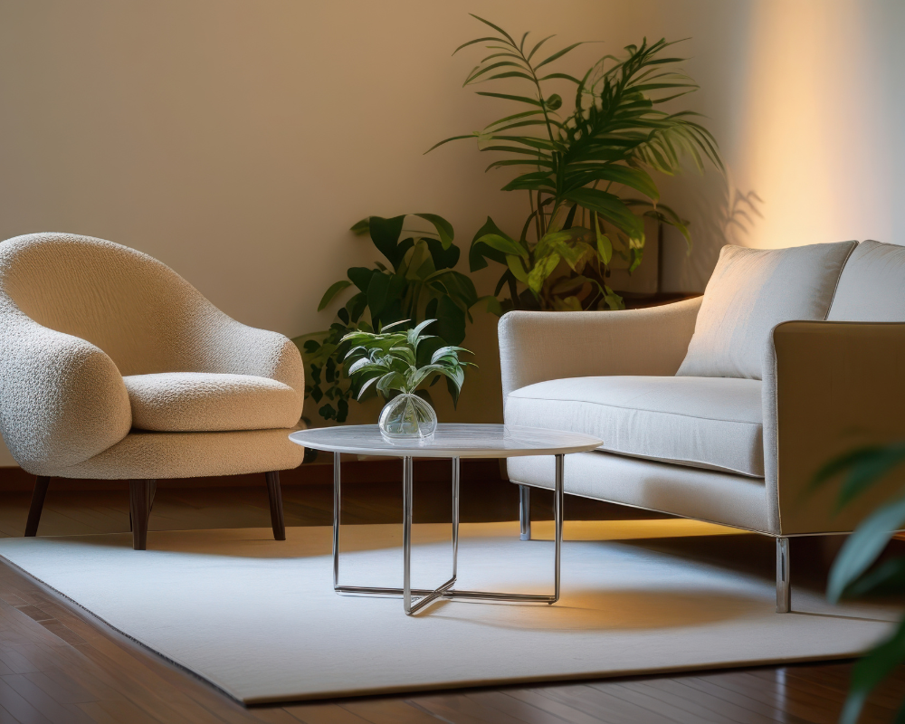 Salon lumineux d’hiver à Aix-en-Provence avec tapis clair et intérieur sain, prévention des odeurs de renfermé grâce aux conseils de Maison Max Clean – Les astuces de Max