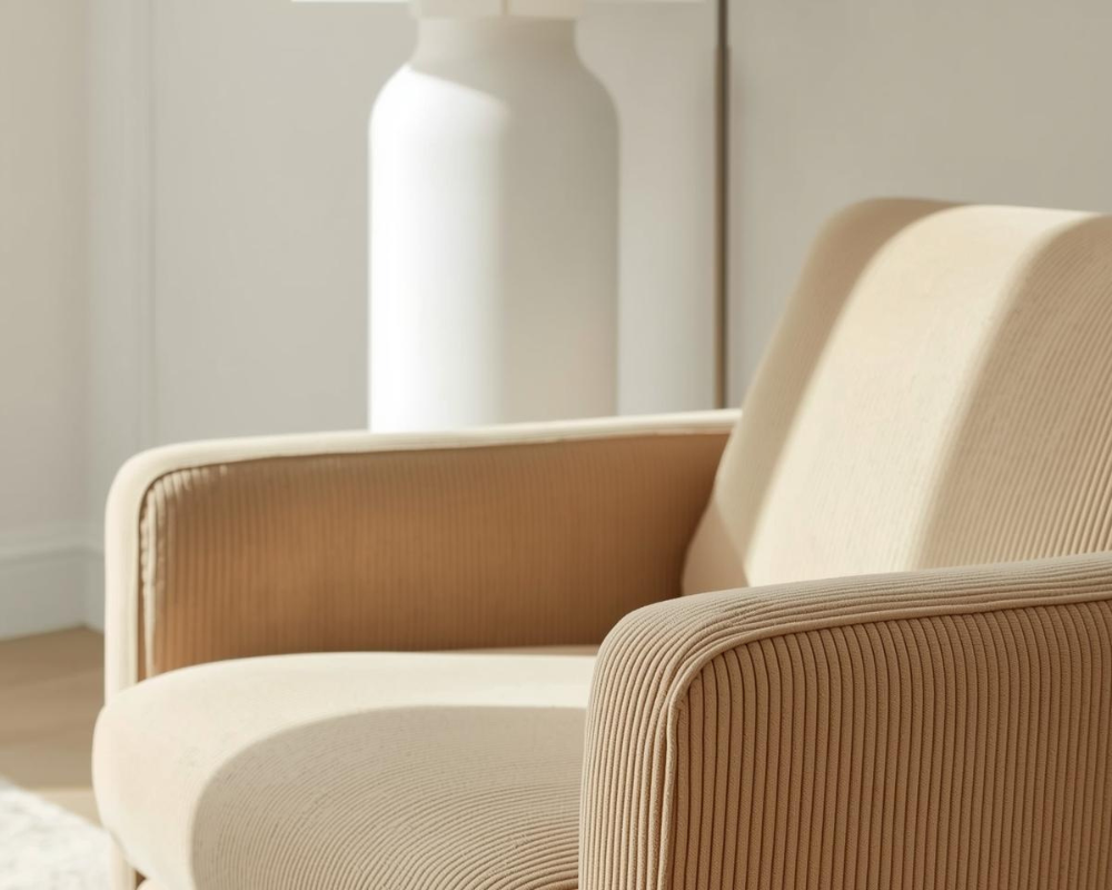 Fauteuil en velours côtelé beige dans un salon lumineux – entretien velours côtelé meuble par Maison Max Clean à Marseille Aix-en-Provence région PACA – Les Astuces de Max