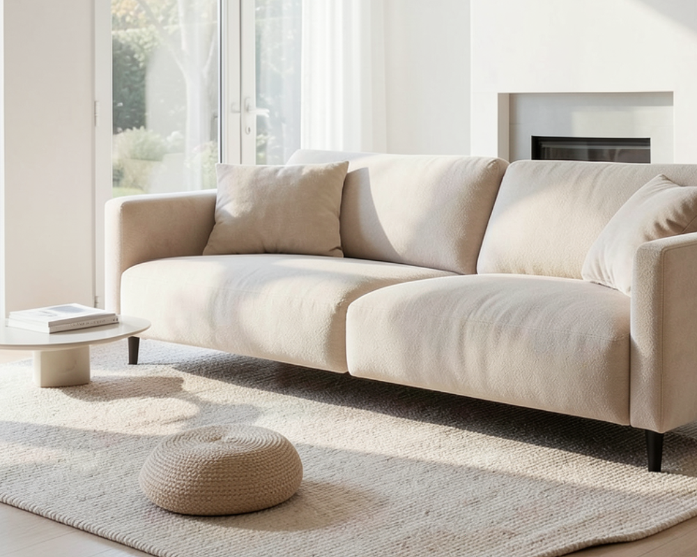 Canapé en Alcantara beige dans un salon lumineux propre – entretien textile haut de gamme Les Astuces de Max par Maison Max Clean à Aix Marseille PACA