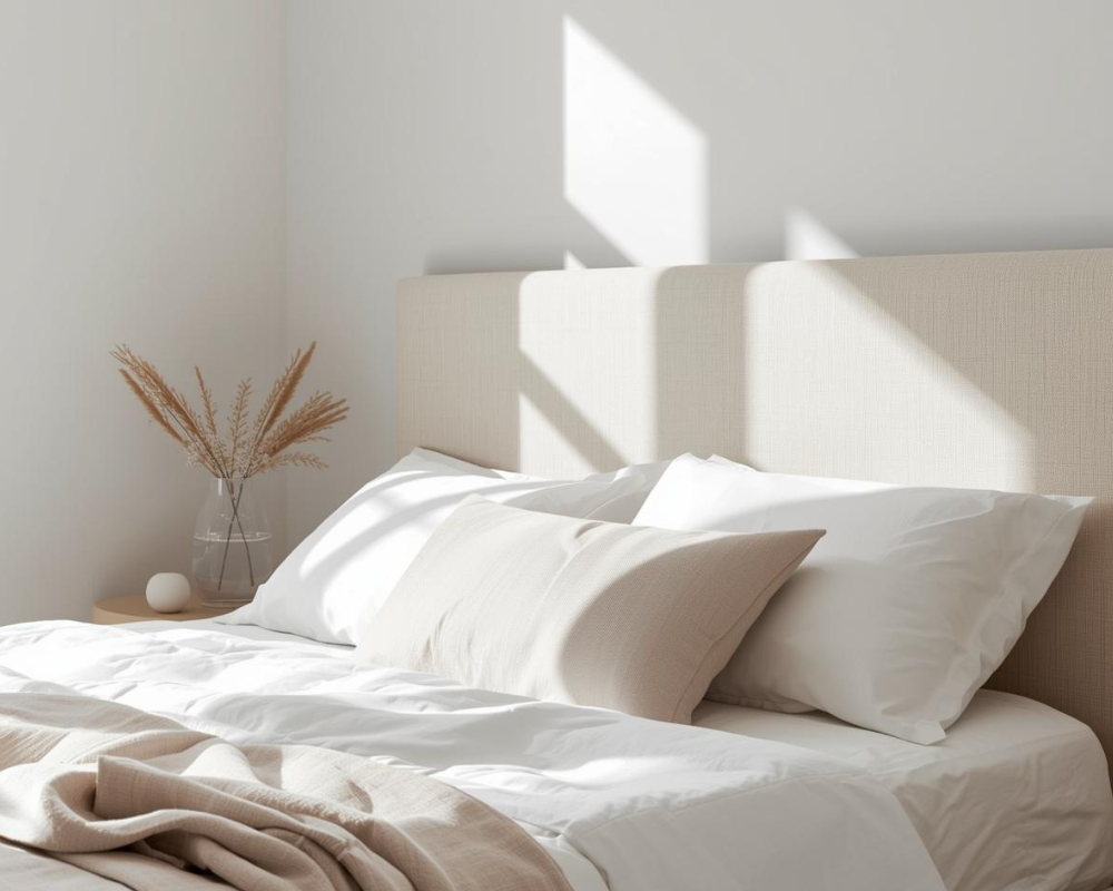 Tête de lit en tissu nettoyée professionnellement dans une chambre lumineuse – astuces de Max Maison Max Clean Aix Marseille PACA