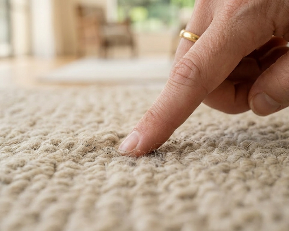 Doigt appuyant sur les fibres d’un tapis pour montrer leur texture et détecter un tapis encrassé – conseil entretien tapis maison par Maison Max Clean dans Les Astuces de Max