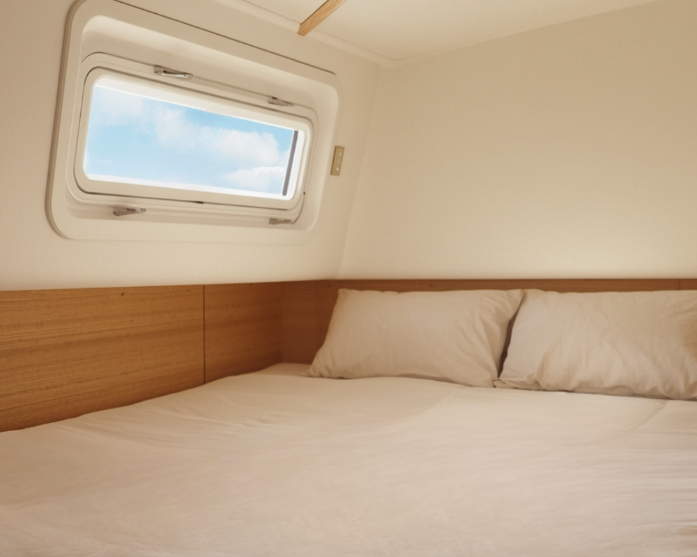 Lit de cabine de bateau propre et lumineux après hivernage – entretien literie bateau avec Maison Max Clean et les astuces de Max
