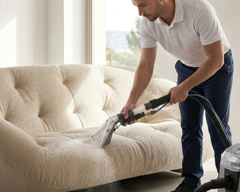 Texture tissu stretch canapé Ploum avec main – poussière invisible et entretien canapé design à Aix Marseille PACA par Maison Max Clean, Les Astuces de Max